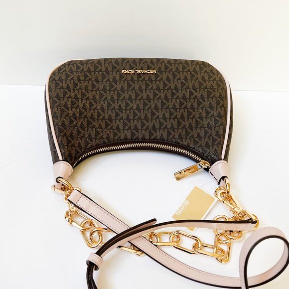 Michael Kors Cora Medium Zip Shoulder Crossbody Bag MK Brown Pink - Picture 10 of 14